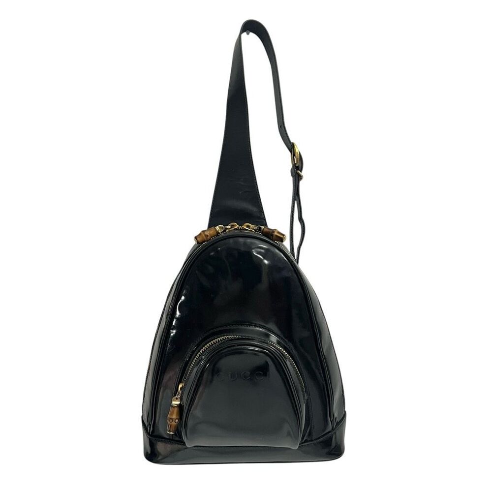 GUCCI Patent Leather Backpack Black Two Way w Strap Messenger Bag Bamboo Handle - Picture 2 of 12
